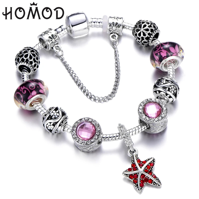 HOMOD Fashion Gift Jewelry Starfish Pendant Charm Bracelet With Crystal Beads Brand Bracelets For Women Summer Accessories | Украшения и