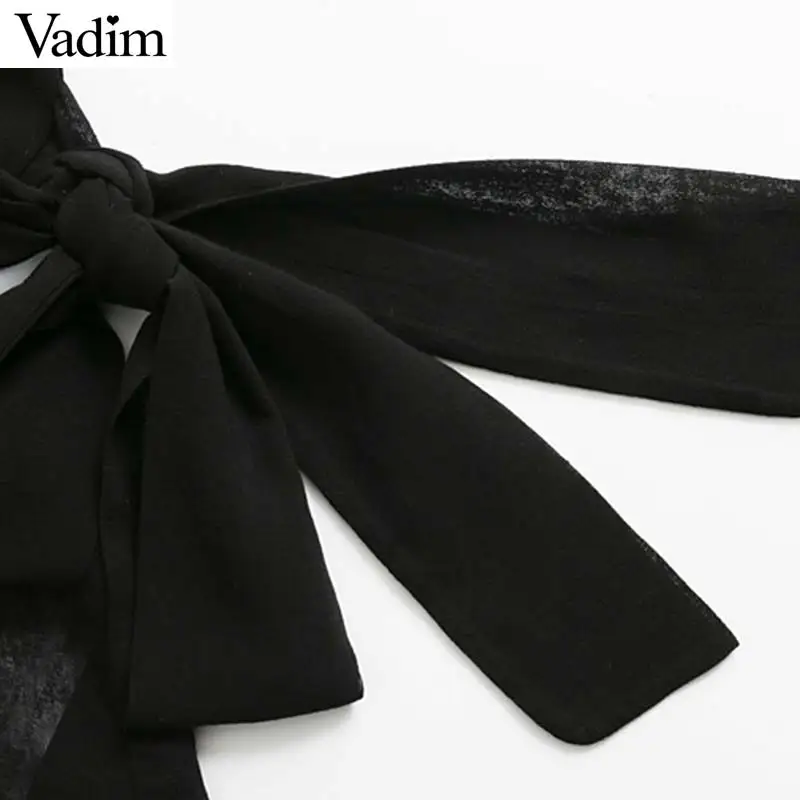 Vadim elegant V neck pleated chiffon blouse transparent bow tie sashes long sleeve sexy shirts female chic tops blusas LB151 |
