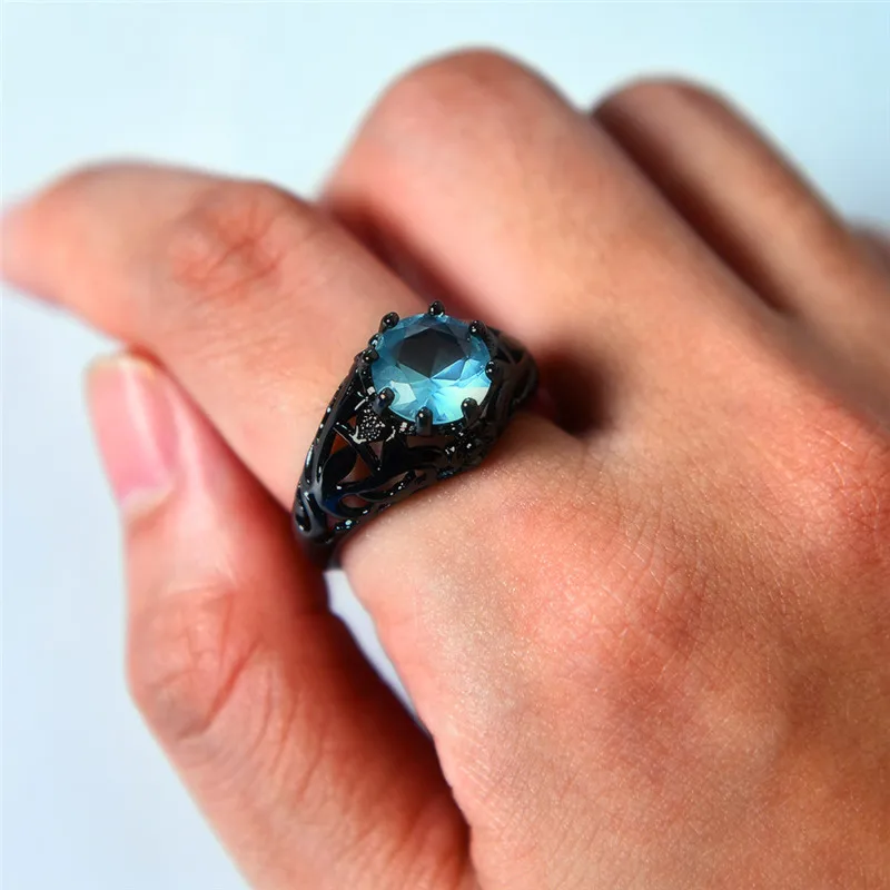 Бамос женский мужской синий круглый камень кольцо с фианитом Черное золото цвет