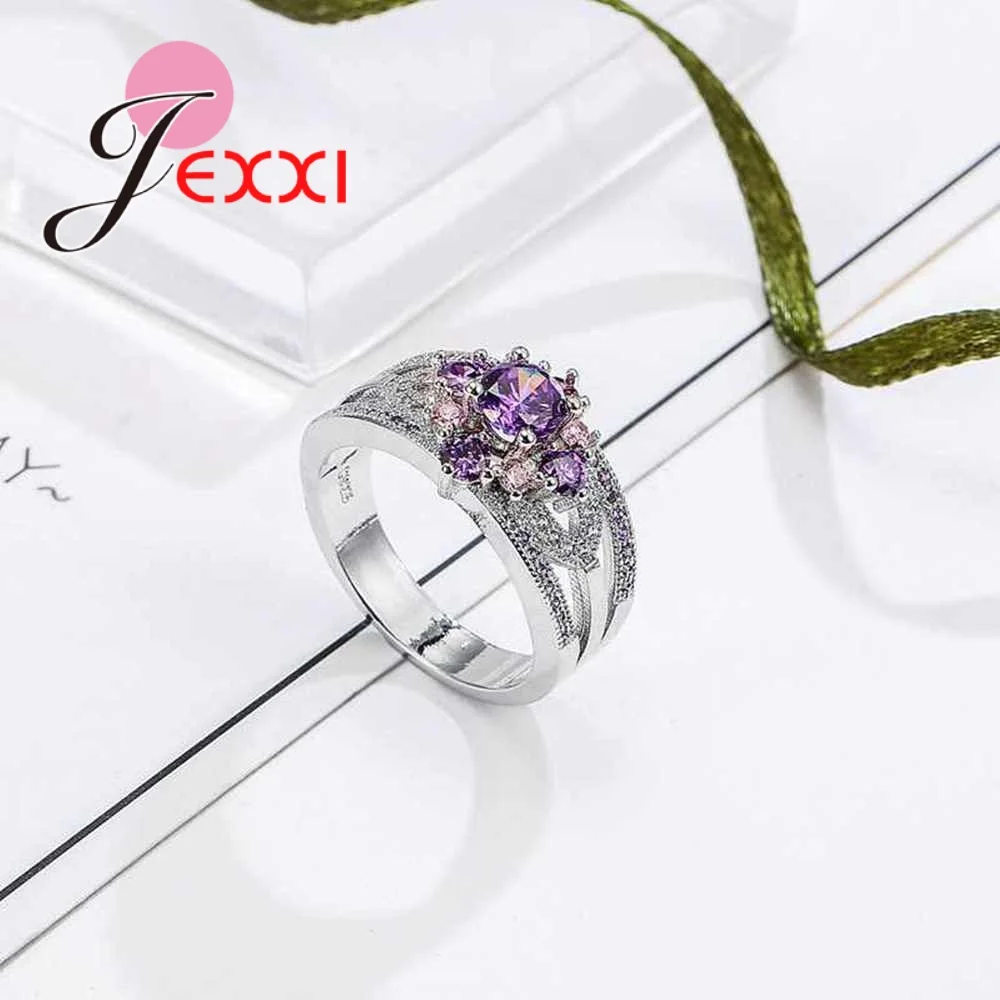 Модные Розовые и фиолетовые кольца на палец с кристаллами CZ цветком из