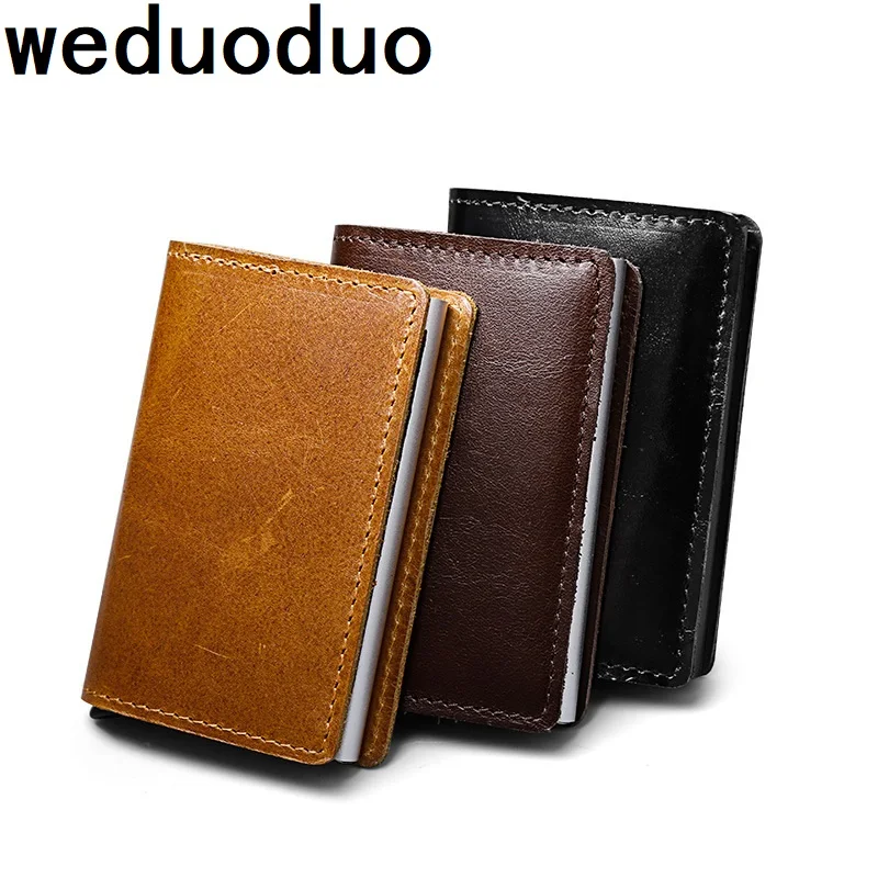 

Новый Кошелек Weduoduo с блокировкой Rfid, мини-кошелек из натуральной кожи, деловой Алюминиевый держатель для кредитных карт, кошелек с автоматическим выдвижным чехлом для карт