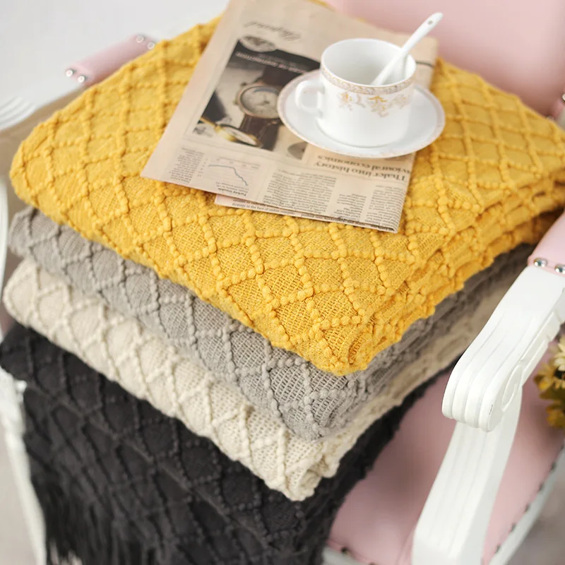 

Желтое/серое/бежевое жаккардовое вязаное одеяло 130x150 см, одеяло для взрослых, вязаное одеяло с нитками, покрывало для дивана и кровати, Конди...