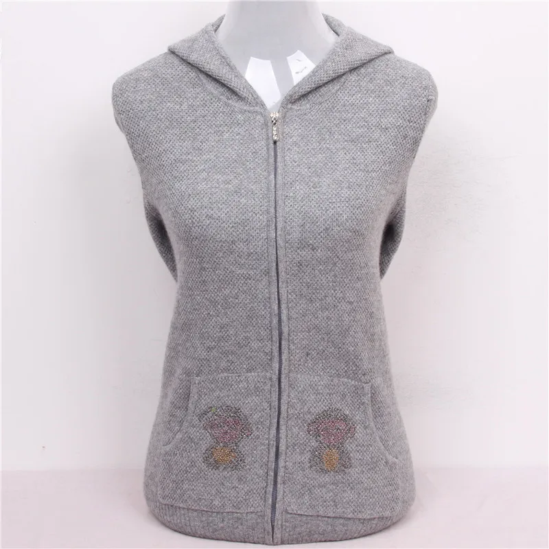 Высокое качество 100% козья шерсть кашемир женский кардиган с капюшоном на молнии