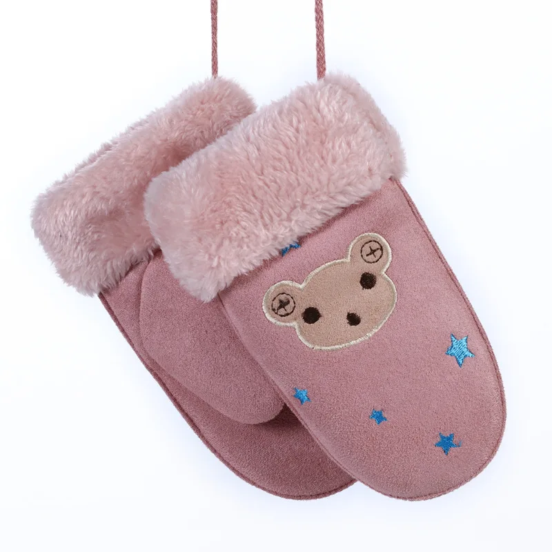 H Pink Модные детские варежки с милым кроликом и медведем из мультфильма для мальчиков и девочек, зимний плюшевый кашемир, толстые теплые замшевые кожаные перчатки 100K - Цвет: H Pink