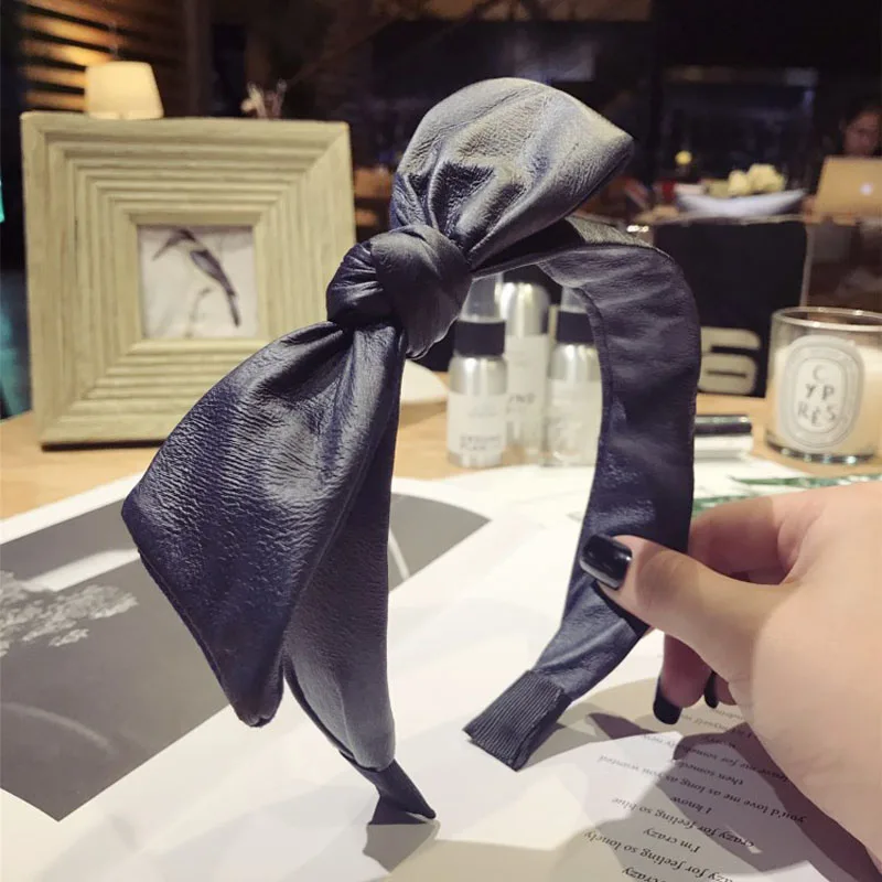 bow navy Новая модная повязка для волос из искусственной кожи с бантом для девочек, широкая повязка для волос, обруч для головы, головной убор для женщин, женские аксессуары для волос - Цвет: bow navy