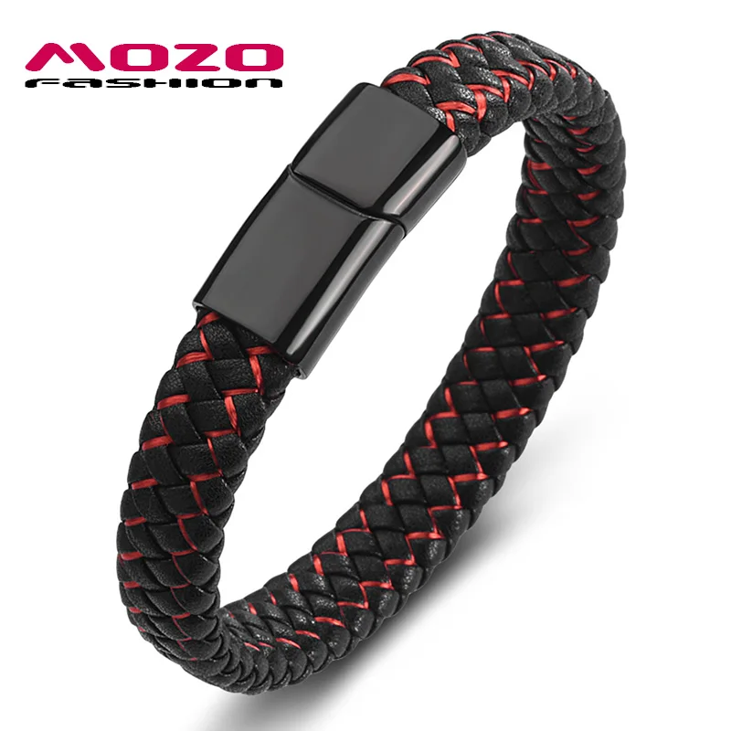 SH154-R Mozo Fashion подвеска плетеный кожаный браслет мужские браслеты ручной работы Мода Нержавеющая сталь застежка мужской браслет на запястье - Окраска металла: SH154-R