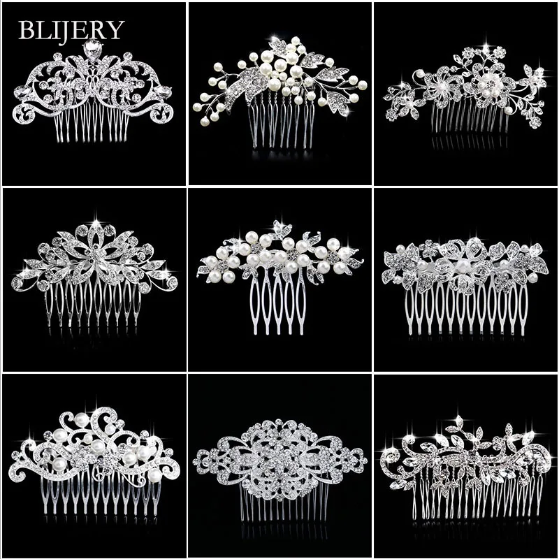 

BLIJERY Silver Color Pearl Rhinestone Flower Bridal Hair Combs for Women Crystal Hair Ornaments Jewelry Wedding Hair Accessories