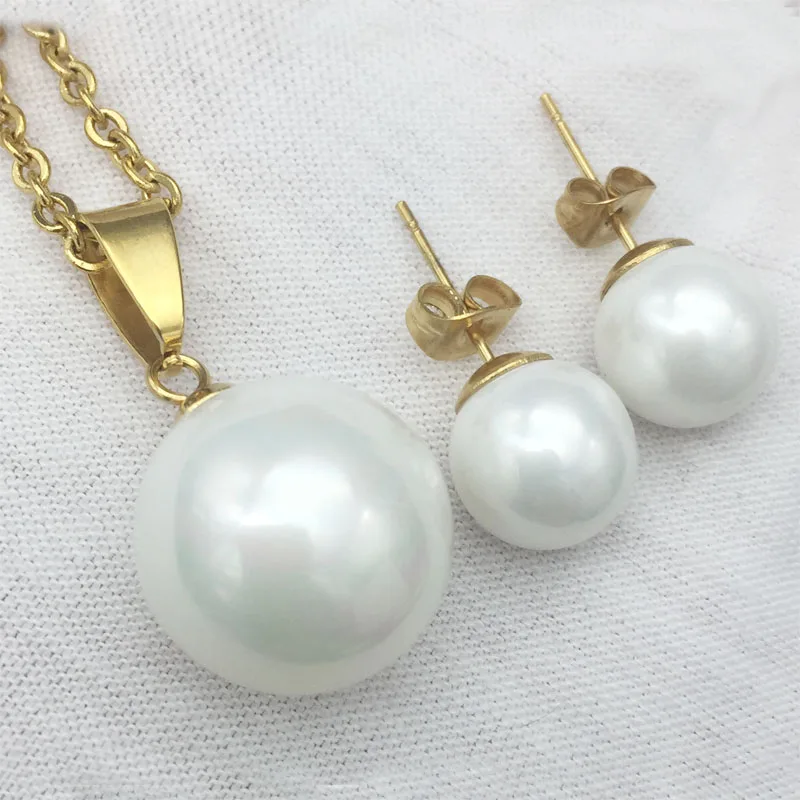 Gold Color Jewelry Sets For Women Simulated Pearl Earring With Pendant Stainless Steel Wedding Set | Украшения и аксессуары