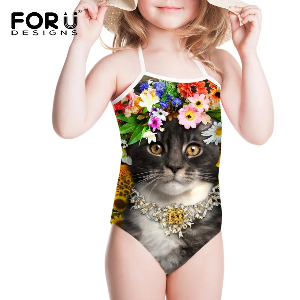 Купальник для девочек с цветочным рисунком и котом слитный купальник в полоску
