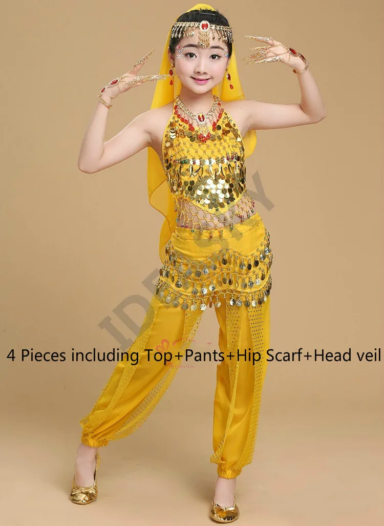 yellow 4pcs Детский костюм для восточного танца, костюмы для восточных танцев, одежда для танца живота, индийские костюмы для девочек, для взрослых - Цвет: yellow 4pcs