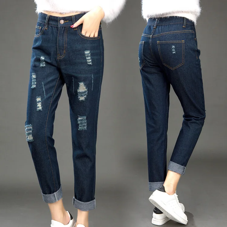Large size women jeans female fat MM High Waist new spring trousers loose hole