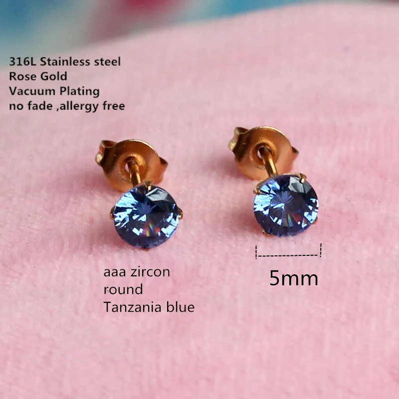 Титановые серьги гвоздики 5 мм танзанийский синий AAA циркон нержавеющая сталь 316 L