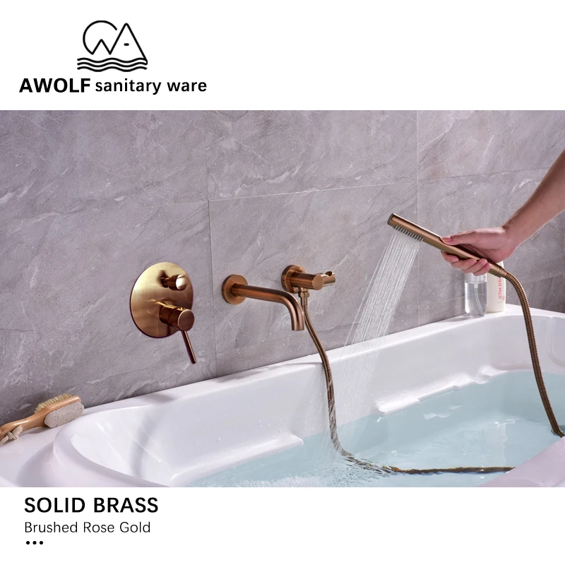Bathtub Faucet Brushed Rose Gold Chic Wall Mounted Bathroom Shower Spout Solid Brass 3 Pcs Mixer Tap Bath AH3024C | Обустройство дома