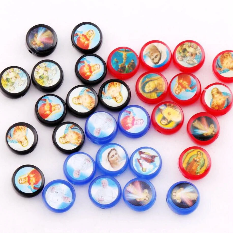 Бусины пластиковые ручной работы Святой Иисус Мария 12 х12 мм 3 цвета ярко голубые