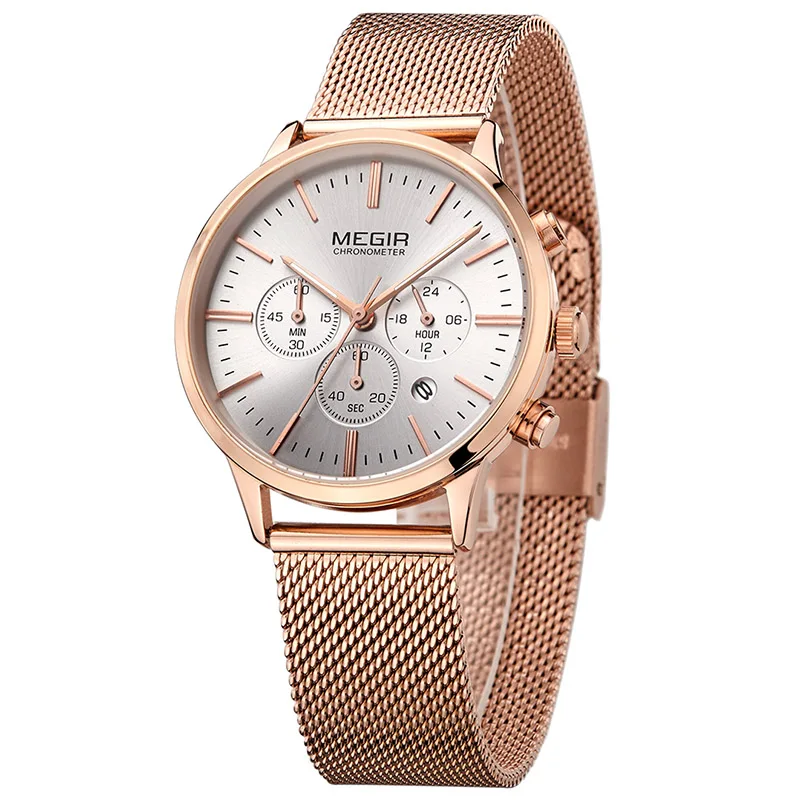 Megir часы спортивные женские модные из нержавеющей стали с хронографом белого