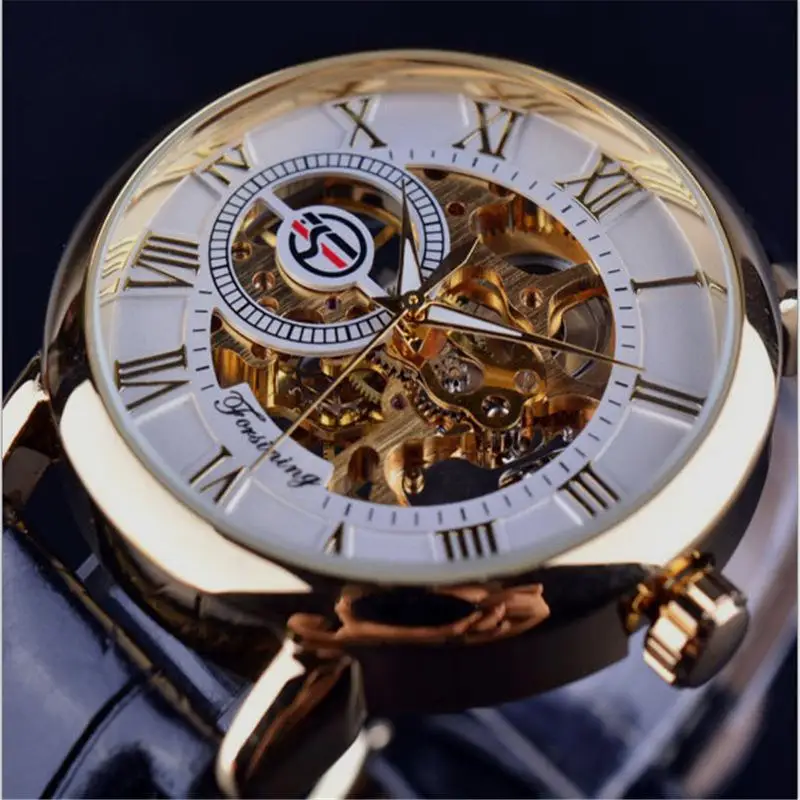 Черные золотые мужские механические часы Montre Homme мужские деловые модные часы Топ бренд ПОБЕДИТЕЛЬ Роскошный кожаный Скелет дизайн - Цвет: Gold ShellWhite Dial