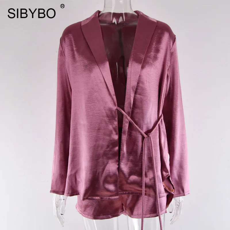 Фиолетовый Sibybo Глубокий V Drawstring осенний комплект из двух предметов для женщин с отложным воротником сексуальный женский комплект пальто и шорты Повседневный Женский комплект 2 шт - Цвет: Фиолетовый
