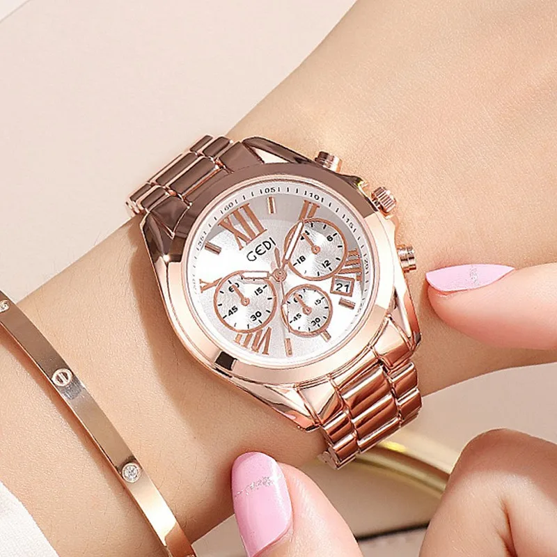 Женские кварцевые часы водонепроницаемые из нержавеющей стали розовое золото