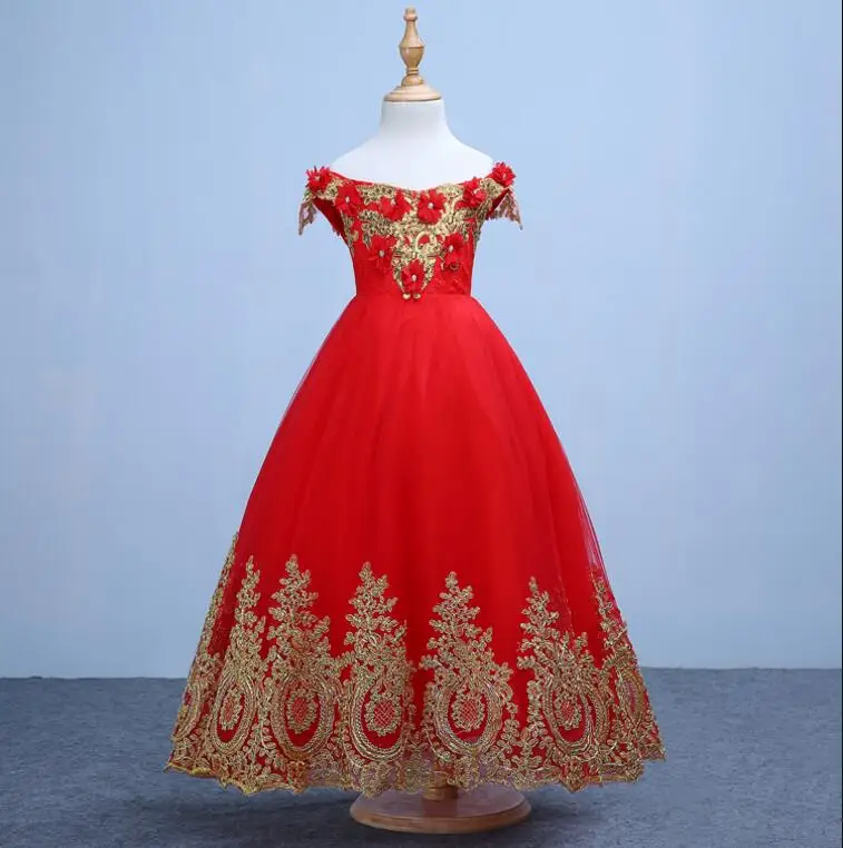 Elegant Red Tulle Appliques Girls Wedding Dress Shoulderless Kids Party Prom Dresses Lace First Communion for Birthday | Детская одежда