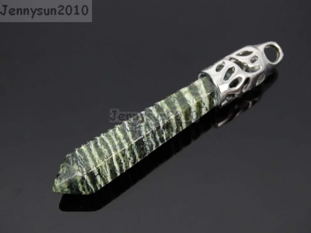 

Natural Green With White Stripe Gems Stones Long Hexagonal Pointed Healing Reiki Chakra Pendant Beads Necklace 10Pcs/Pack