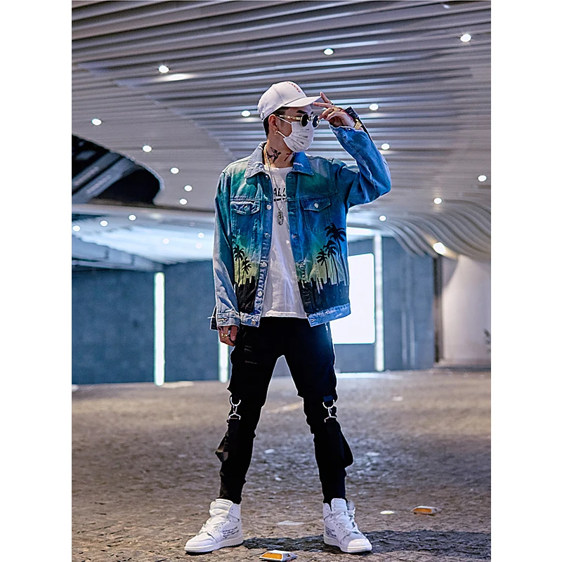 Мужская джинсовая куртка UNCLEDONJM в стиле хип-хоп с принтом пальмы | одежда
