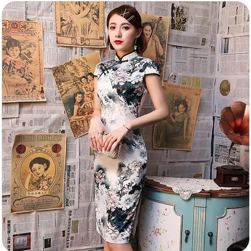 Новинка, розовое Элегантное повседневное платье, атласное, Vestidos, традиционное китайское Цветочное платье для девочек, Qipao, сексуальное, тонкое, Cheongsam, M, L, XL, XXL, 3XL - Цвет: White 2