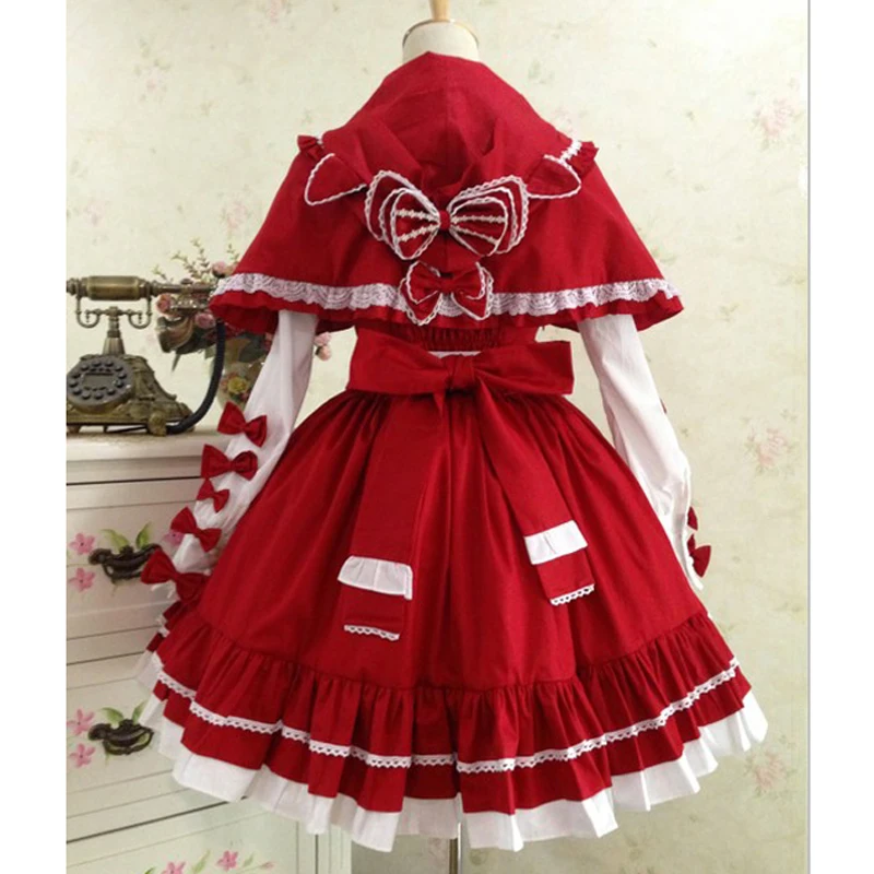 Маленький красный костюм горничной с капюшоном Женский хлопковый Кружевной
