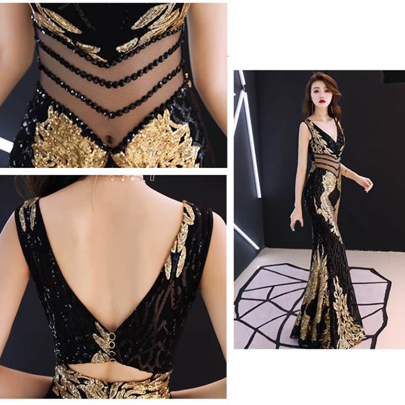 Черный Цвет невесты на свадьбе с золотистыми пайетками v образным вырезом