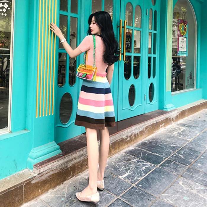 В радужную полоску вязаное платье 2019 Летняя мода o образным вырезом короткий