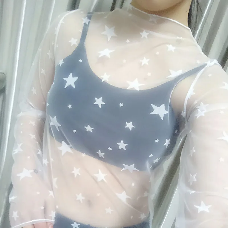 white star Пикантные сетчатые Топы harajuku Прозрачная Футболка открытая Прозрачная майка с длинным рукавом в горошек сетчатые Топы Клубная звезда с сердцем - Цвет: white star