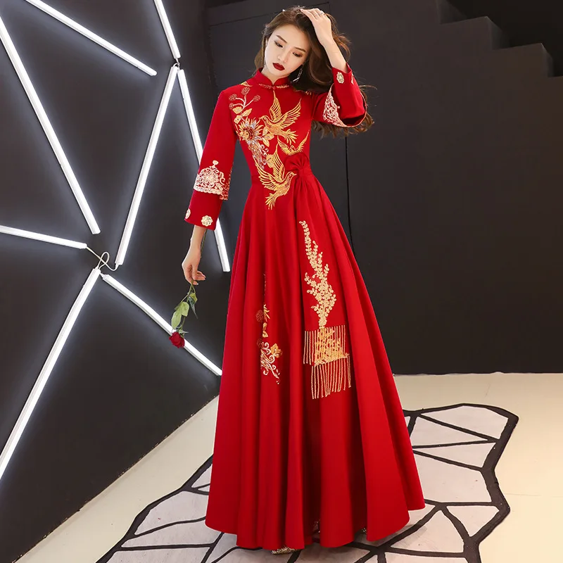 RED A Китайская традиционная вышивка длинное платье Ципао Vestidos Чино Восточный Ципао вечернее платье Классические Вечерние платья Размер s-xxl - Цвет: RED A