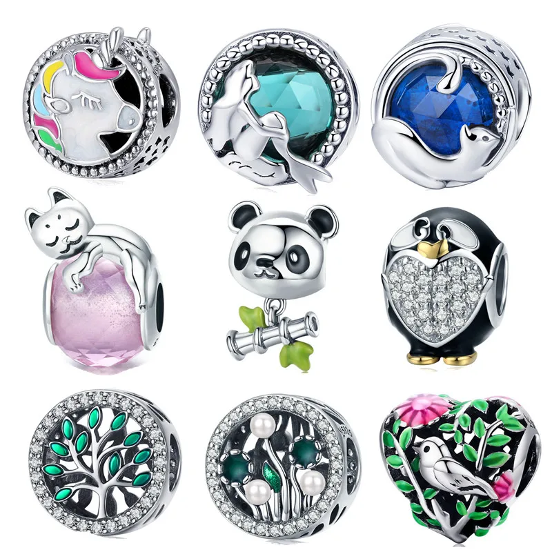 Fit Pandora браслет 925 стерлингового серебра Единорог панда кошка подвеска с русалкой семья Дерево Птица Пингвин бусины Мода DIY ювелирные изделия