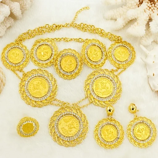 Jewelry Set Высокое качество Дубай золотые Ювелирные наборы для женщин винтажные свадебные золотые монеты большое ожерелье хрустальные серьги 24 золотые свадебные ювелирные изделия - Окраска металла: Jewelry Set
