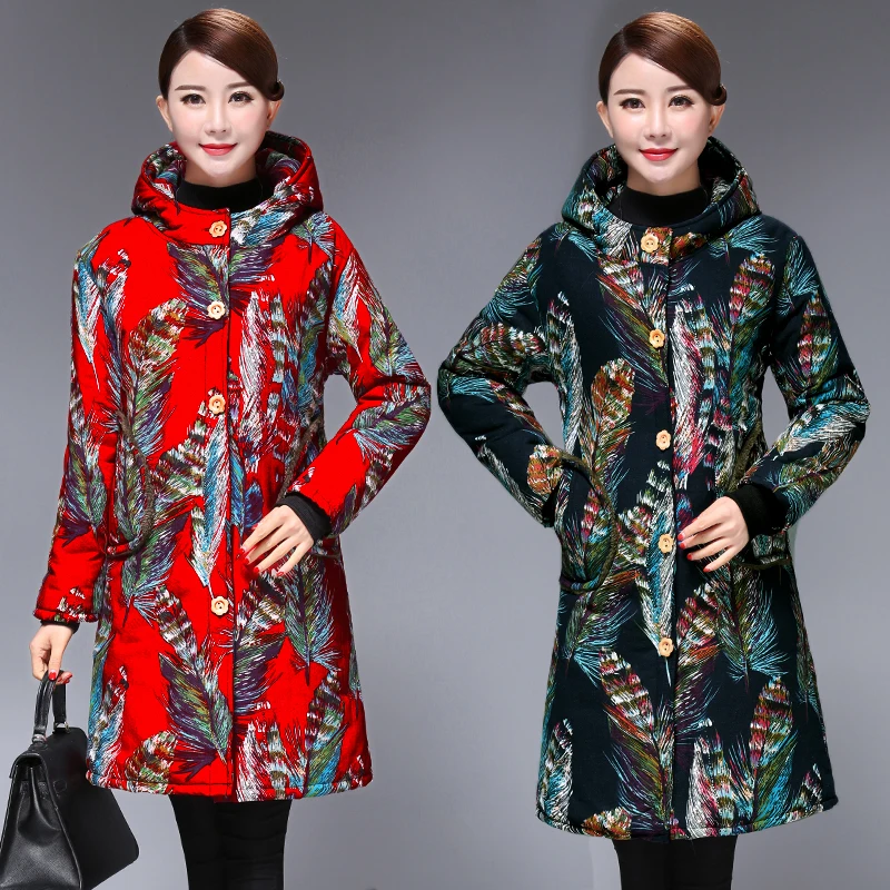 2018 women's national wind printing Chinese style hooded plus velvet coat warm in the long section thick cotton jacket TB18902