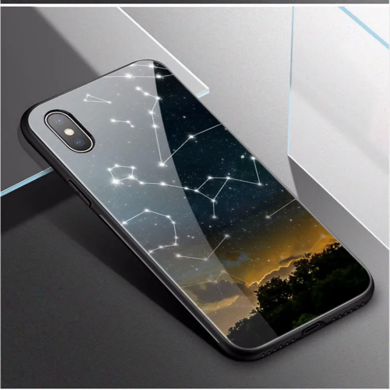 Звездный чехол из закаленного стекла для Iphone 9 6 7 8 X XS MAX окрашенная задняя крышка