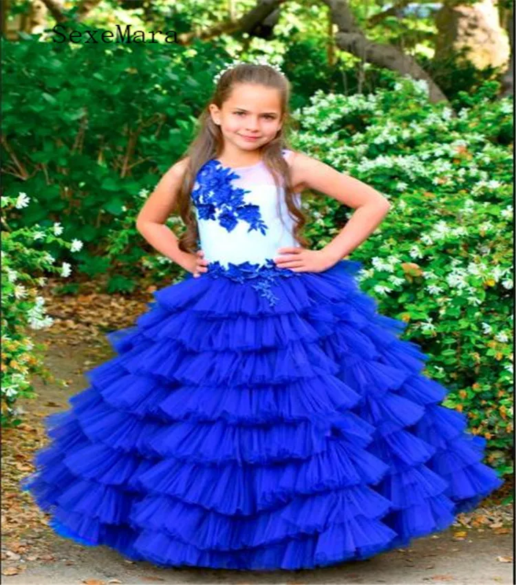 

Royal Blue Puffy Tulle Flower Girl Dress with Applique Girls Pageant Gowns Illusion Back Girls Birthday Clothes Custom Made