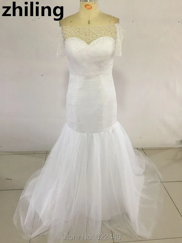 Новинка 2016 свадебное платье с открытыми плечами и короткими рукавами русалки