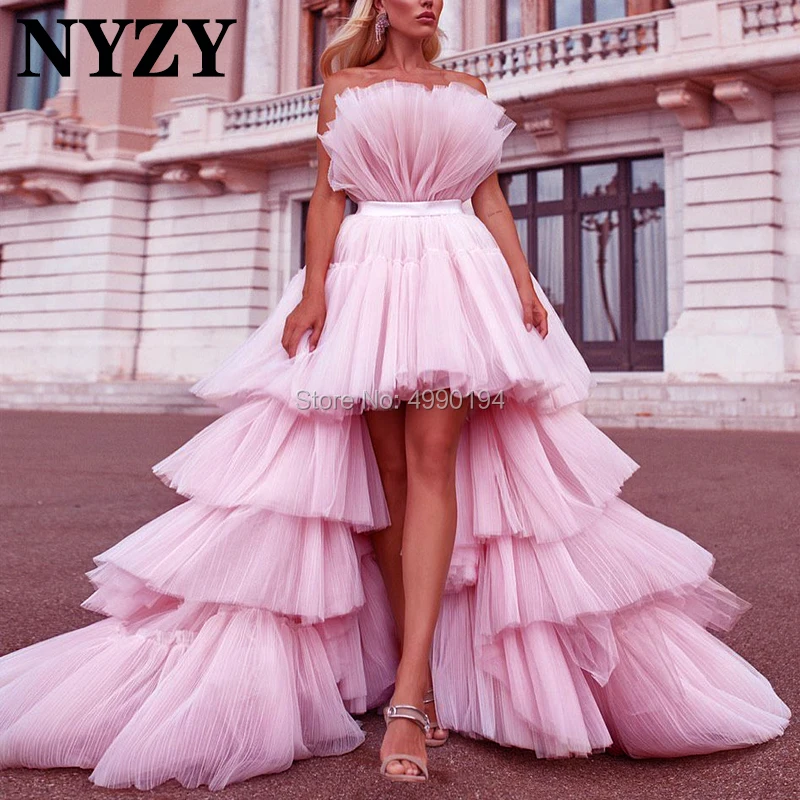 

Arabic Evening Dresses Long 2019 NYZY E205 Pink Pleats Tulle High Low Ball Gown Prom Dress Robe de Soiree vestido de festa longo