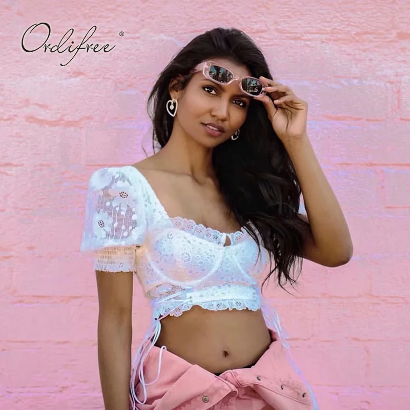 Ordifree Summer Streetwear Women Lace Blouse Short Sleeve Sexy Lace Up Embroidery Short Shirt Crop Top
