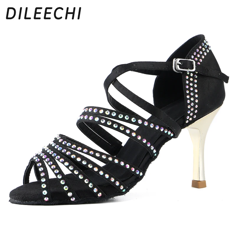 DILEECHI туфли для латиноамериканских танцев разы черные атласные Золотые женские