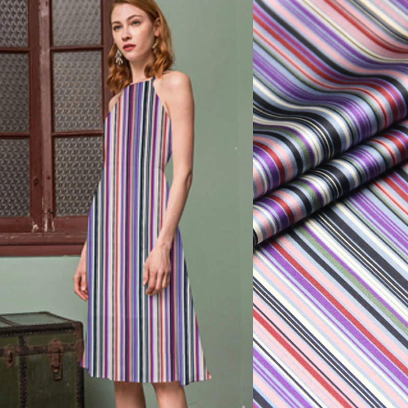 

118CM Wide 19MM 93% Silk & 7% Spandex Blue Purple Stripe Print Stretch Silk Satin Fabric for Summer Dress Clothes Cheongsam D940