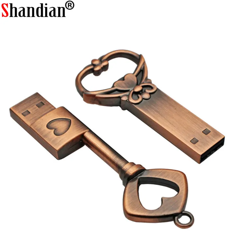 SHANDIAN любовь matal Сердце Ключ карту флэш-памяти с интерфейсом usb медь любовь флешки 4 gb 16 ГБ, 32 ГБ, 64 ГБ Флеш накопитель memory stick U диск мода подарок