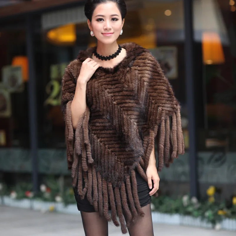 Женская теплая накидка с капюшоном Зимний вязаный пуловер из натурального меха
