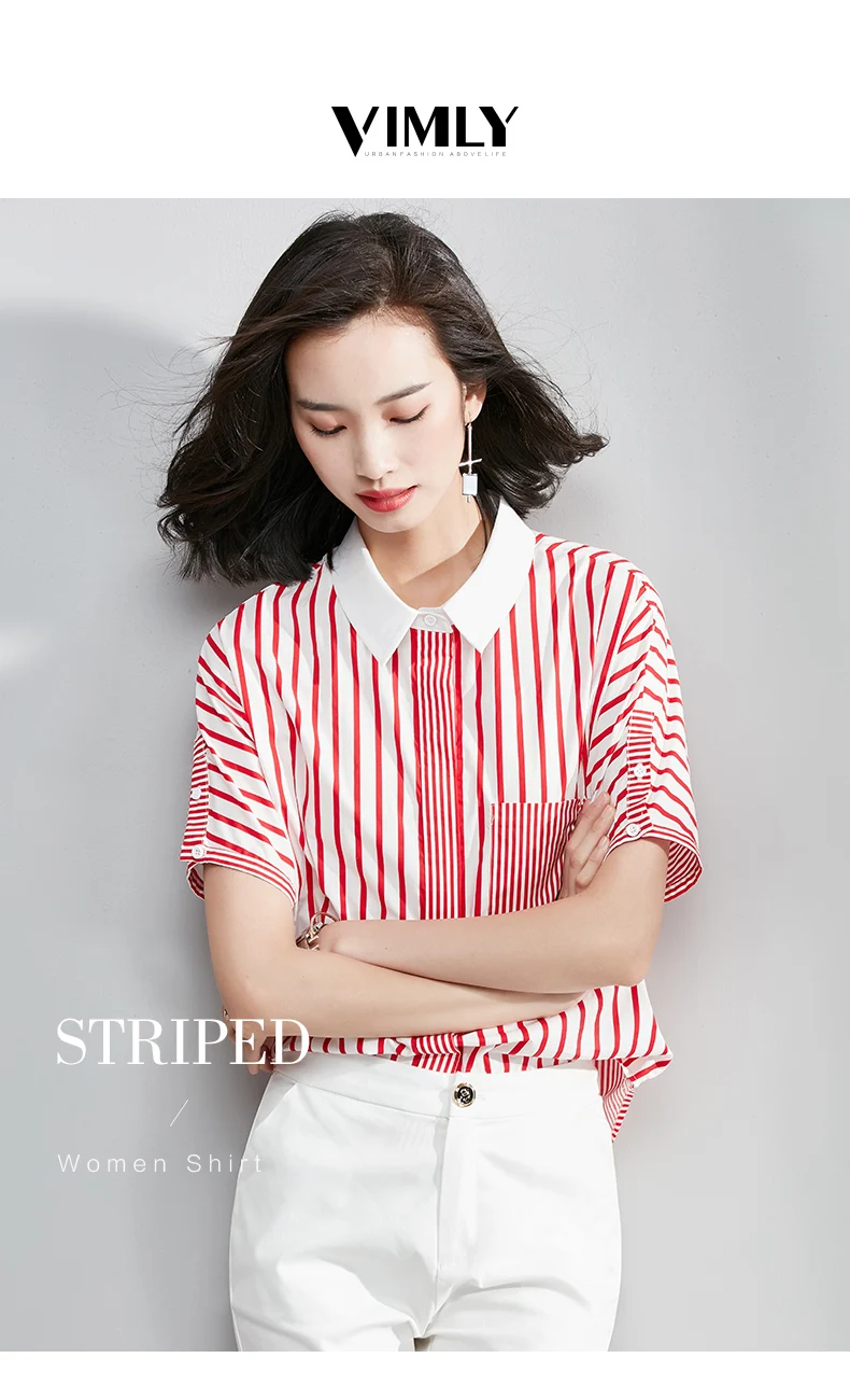 Vimly Women Striped Blouse Shirt Casual Summer Red Blouse Shirts Cotton Office Tops Street Wear High Street Style Button Pocket