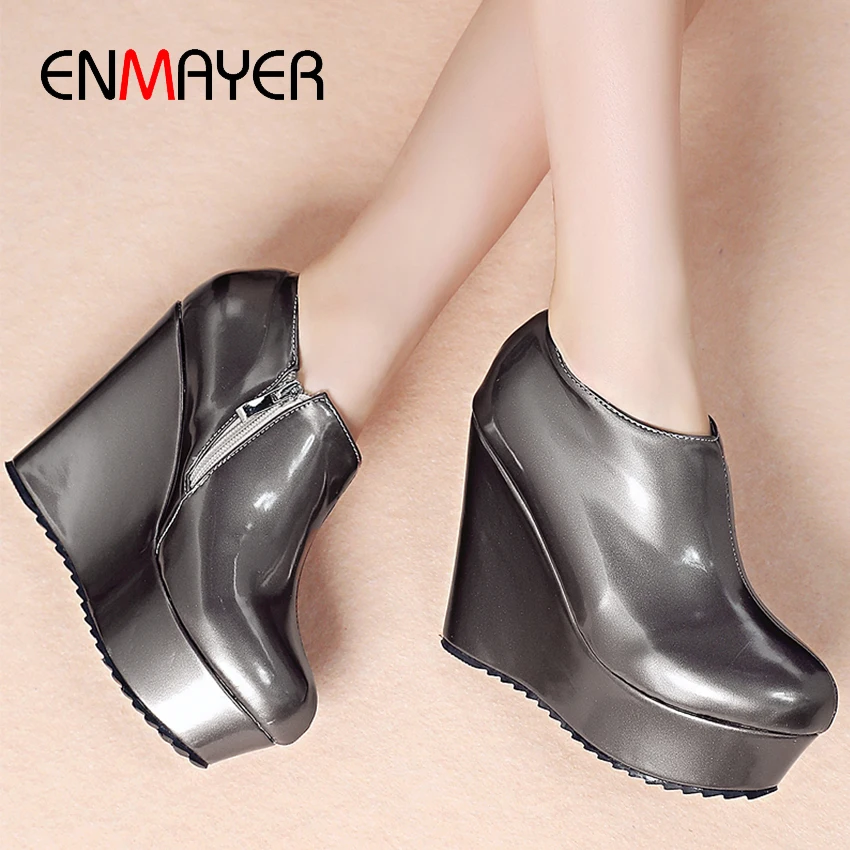 

ENMAYER Increase Within Wedges Super High Ankle Boots for Women Round Toe Solid Short Plush Zipper Winter Shoes Platform Boots