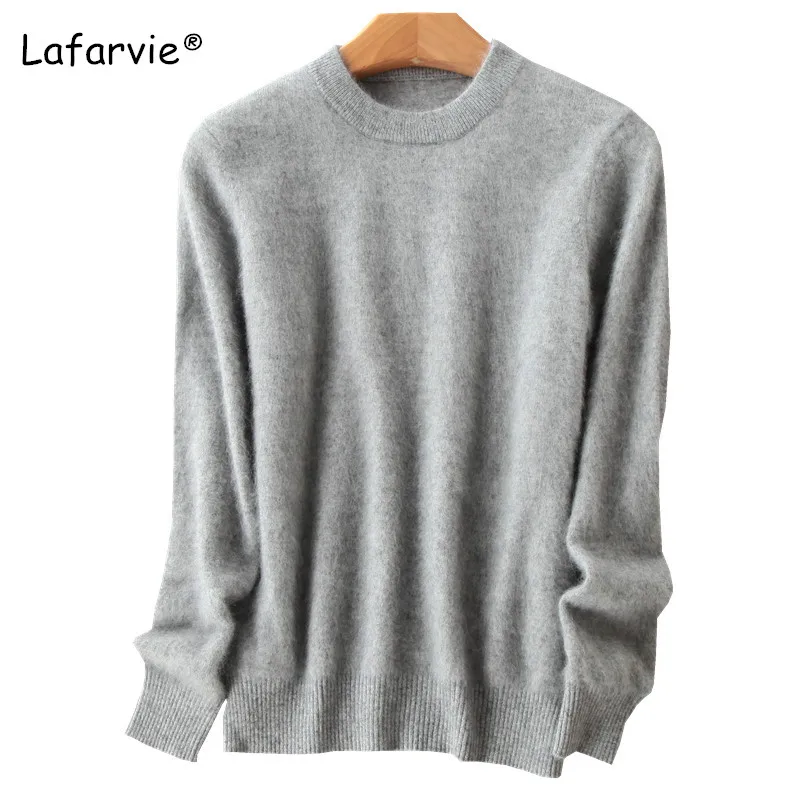 Lafarvie Autumn Winter O-Neck Knitted Mink Cashmere Sweater Women Tops Long Sleeve Warm Pullover Female Solid Color Basic Sweter | Женская