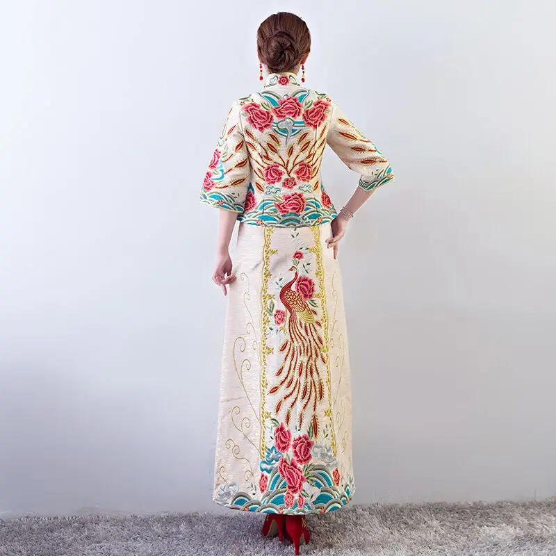 Винтаж китайский стиль Свадебные cheongsam торжественное платье Королевский Павлин Костюм невесты Традиционный Тан вышивка Qipao