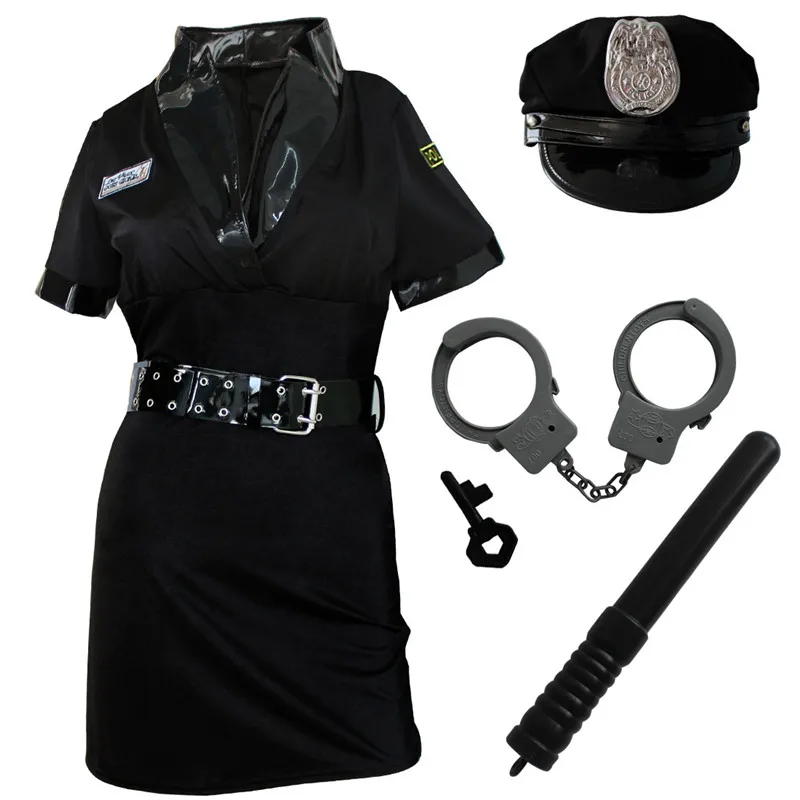 

TiaoBug Women Black Patent Leather Cosplay Policewoman Uniform Sexy Halloween Costume for Women Dress Belt Handcuff Spontoon Set