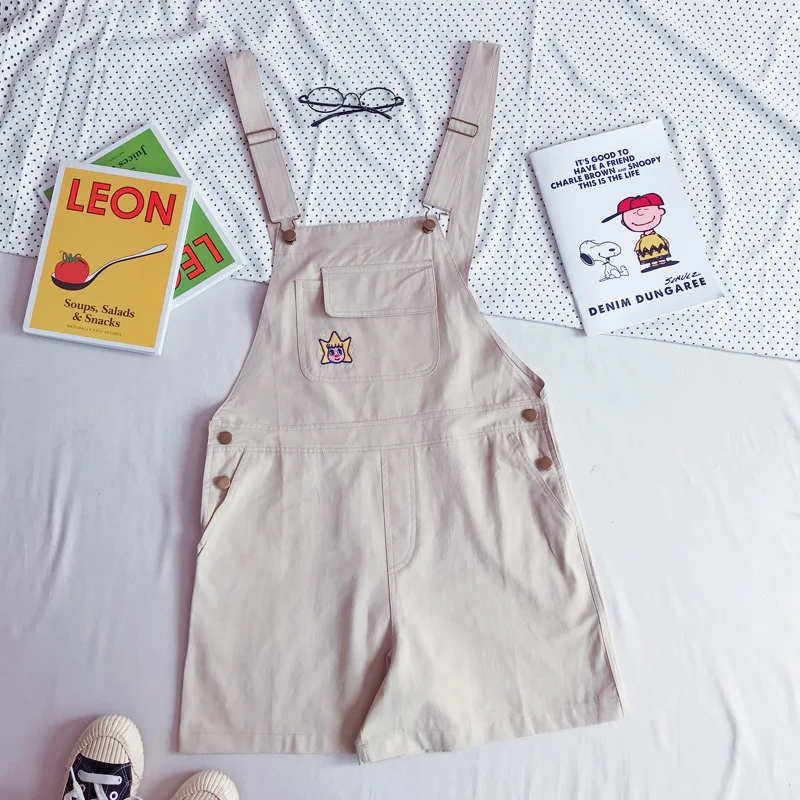 Summer New Kawaii Playful Cartoon Embroidery Khaki Strap Shorts For Women Ladies Overalls Cotton