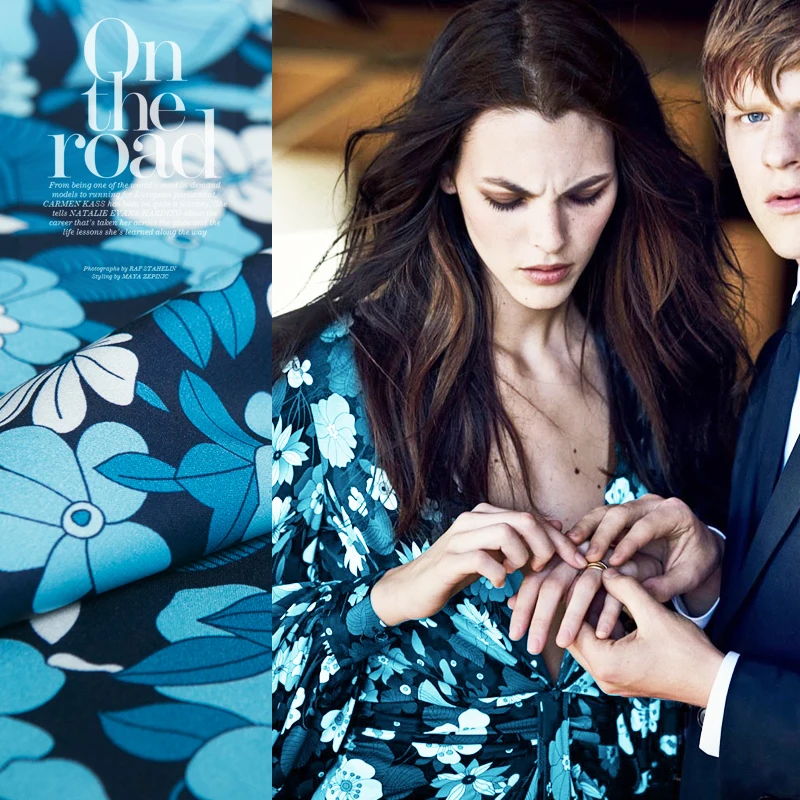 Модная ткань с цифровым принтом от кутюр из тяжелого шифона свежего синего и